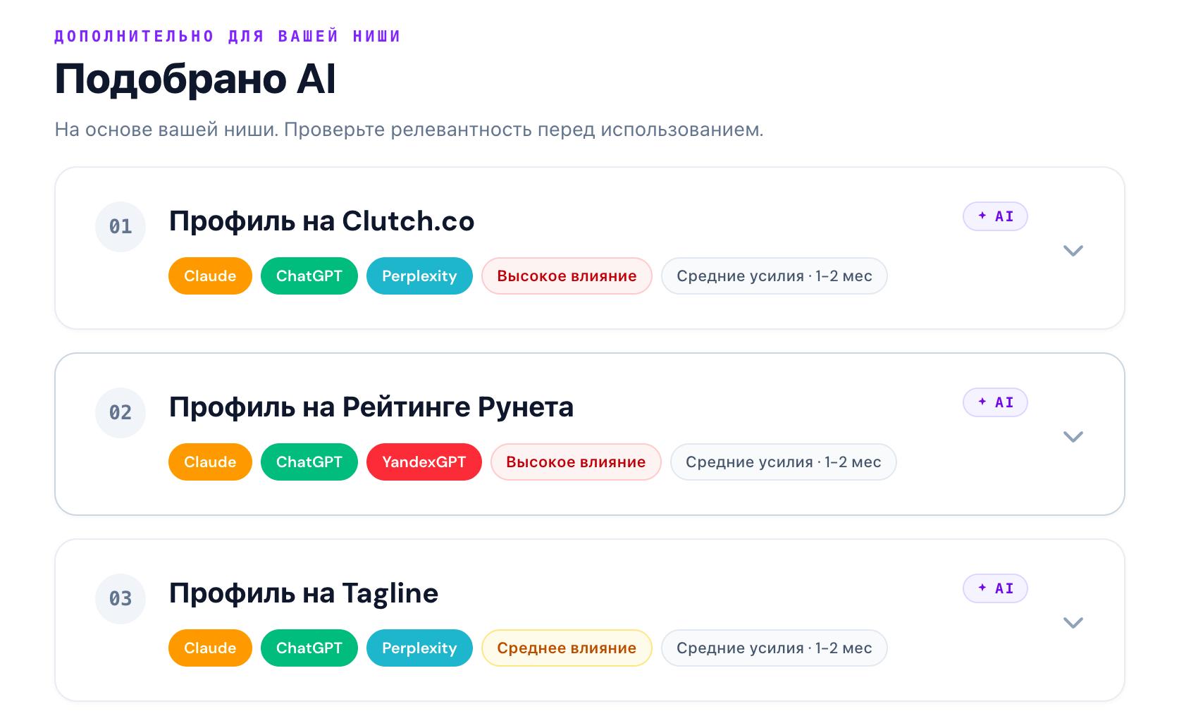 Блок «Подобрано AI» с тремя карточками — Clutch.co, Рейтинг Рунета, Tagline — с бейджами «+ AI»